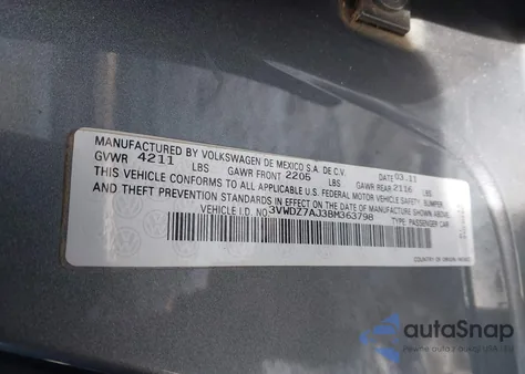 2011 Volkswagen Jetta 2.5L Se from USA, damaged, VIN 3VWDZ7AJ3BM363798